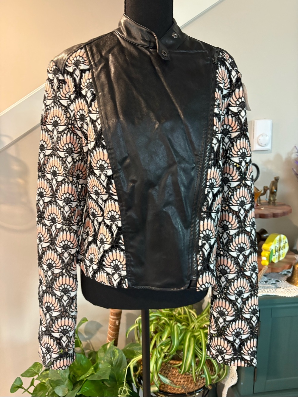 Woven Floral Print Jacket with Black Faux faux Leather Panel